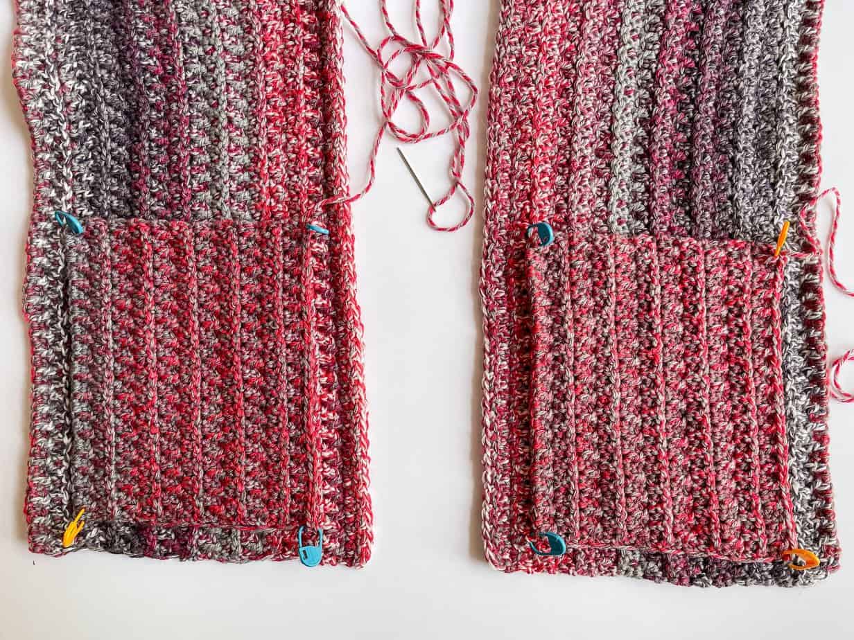 crochet scoodie scarf sewing on pockets process
