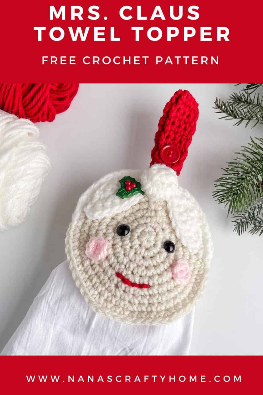 Mrs. Claus free crochet towel topper pattern