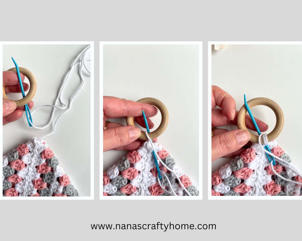 How to add the wooden ring to the granny square hot pad