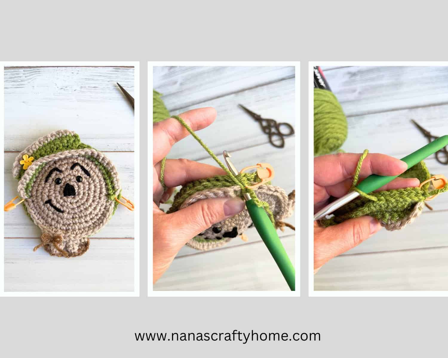 How to crochet panels together for both scarecrow towel toppers