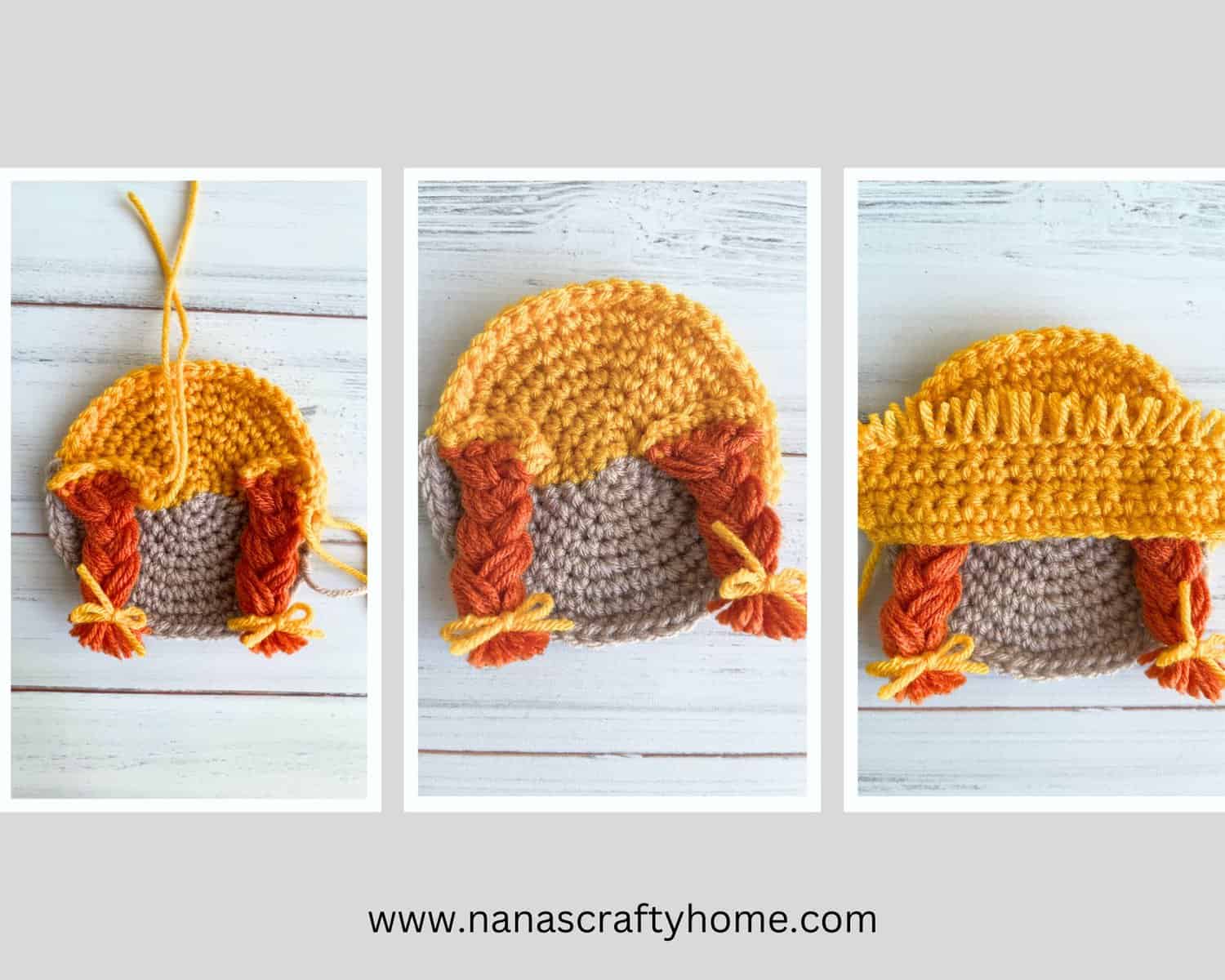 how to attach braids and sew on hat brim over scarecrow girl braids process