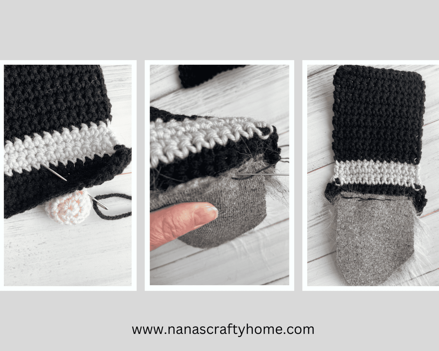 Sewing on faux fur beard to Pilgrim Gnome Bottle Topper