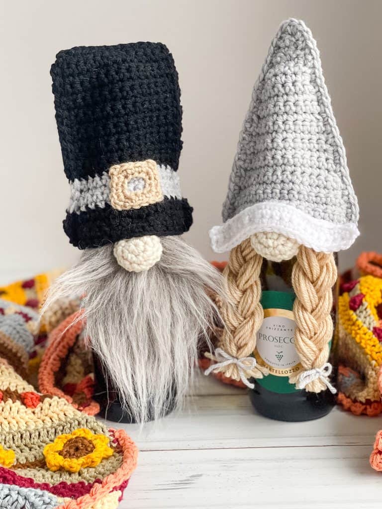 Crochet Thanksgiving Pilgrim Gnome Bottle Topper pattern set
