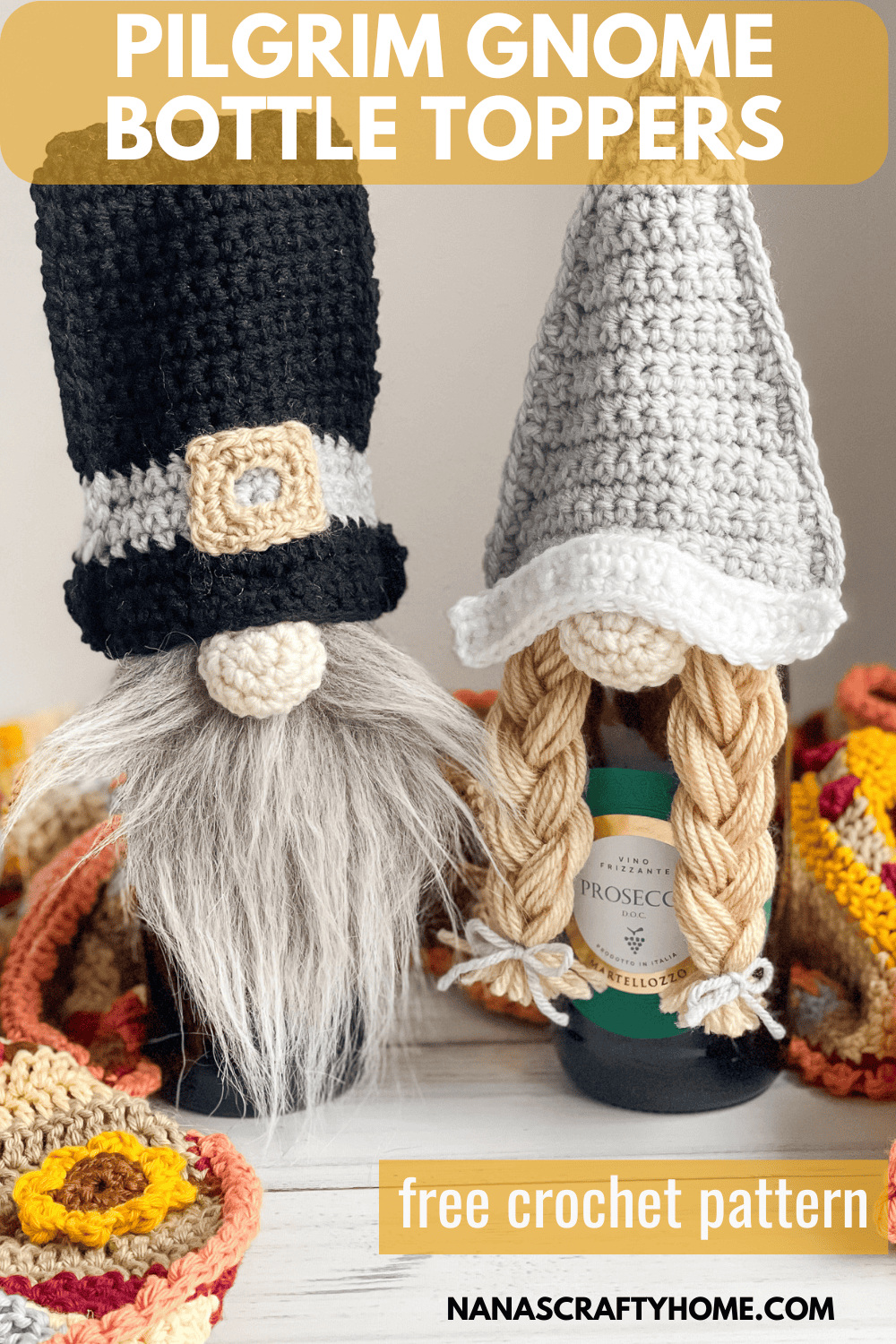 Crochet Pilgrim Gnome Bottle Topper free pattern set