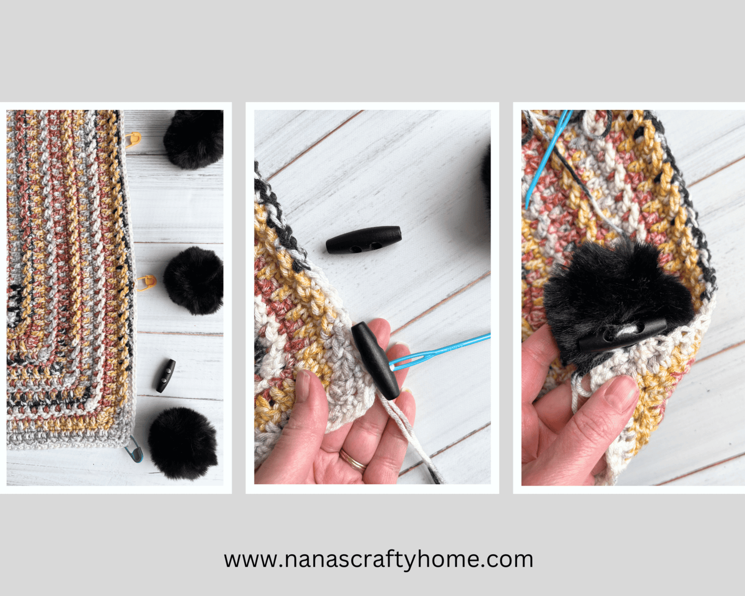 Adding toggles and pom poms to blanket edge