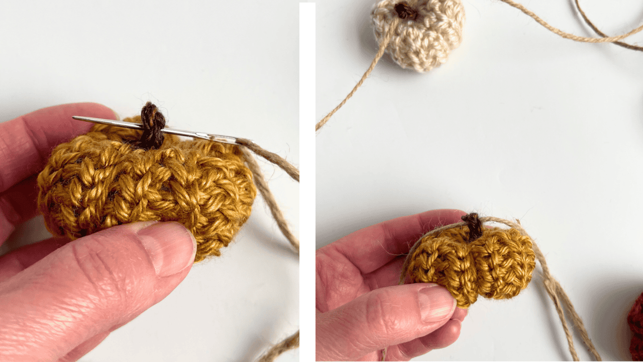 Crochet mini pumpkin garland adding twine garland process