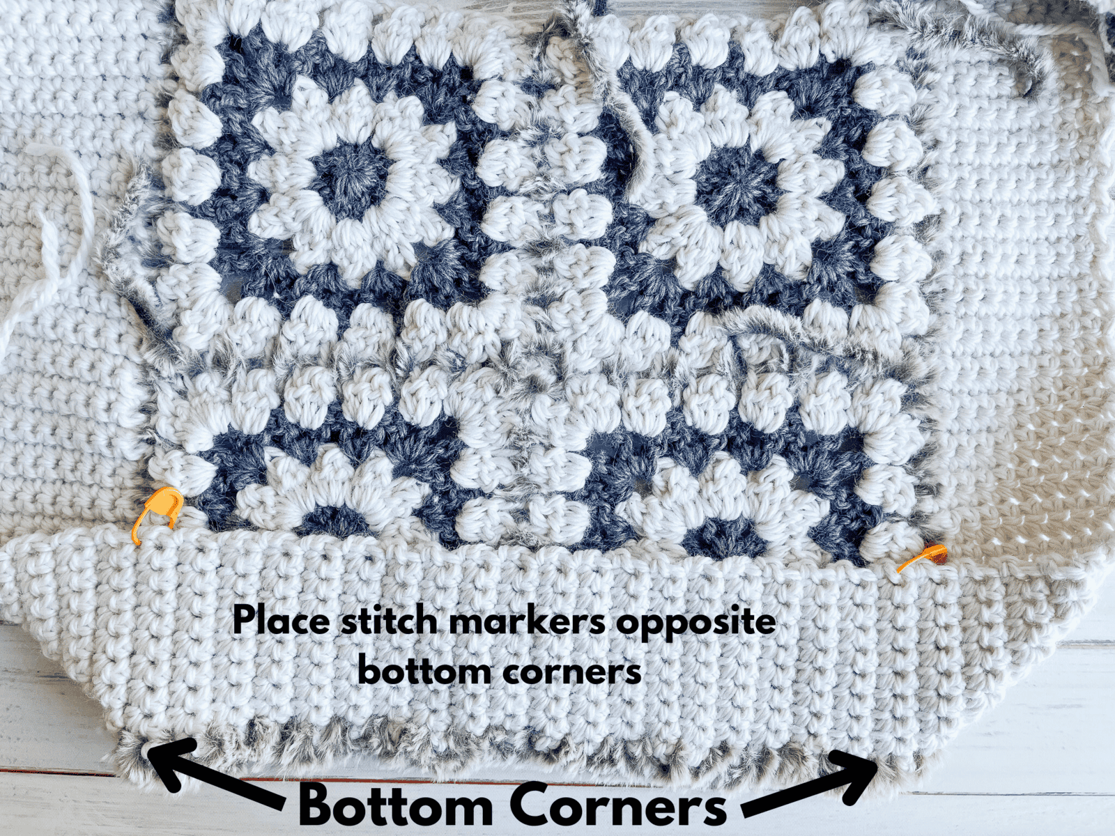 crochet bulky granny square bag attaching second panel process