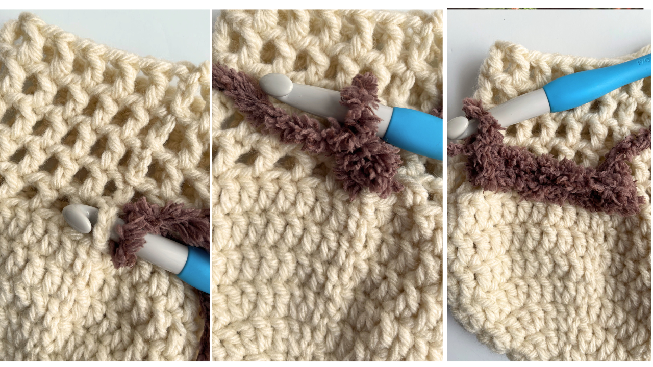 adding sherpa yarn trim to hat process