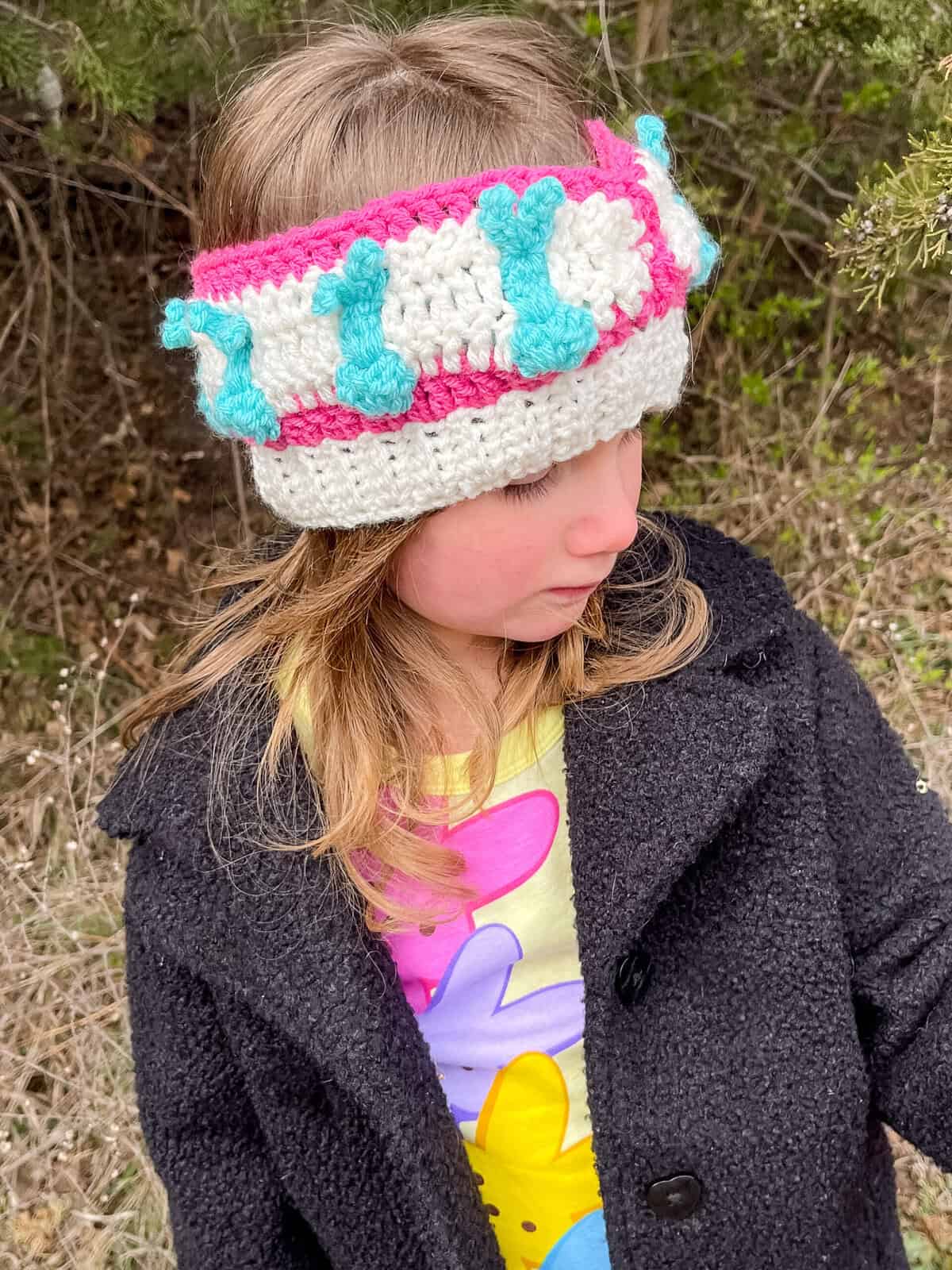 Crochet bunny headband on model