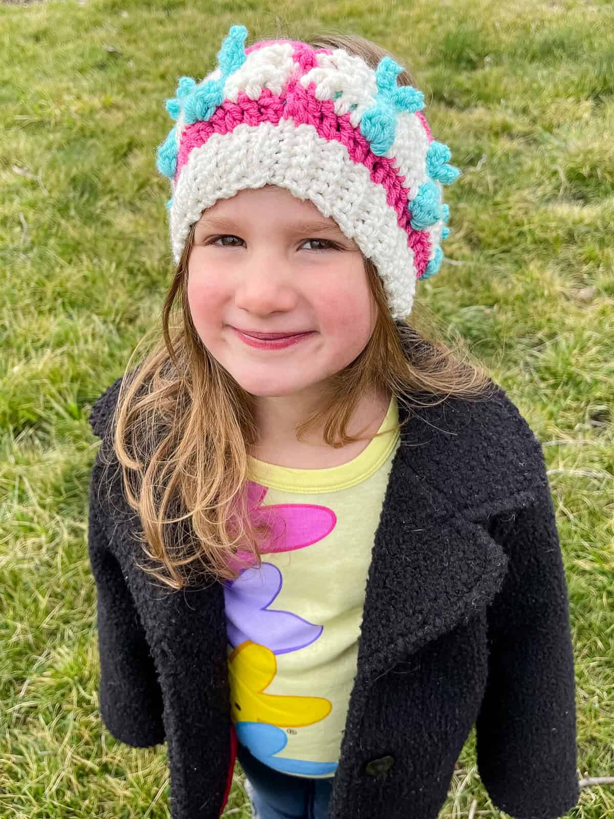Crochet bunny headband on model